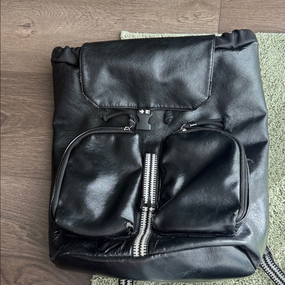 Black Faux Leather Backpack with Zipper Detail